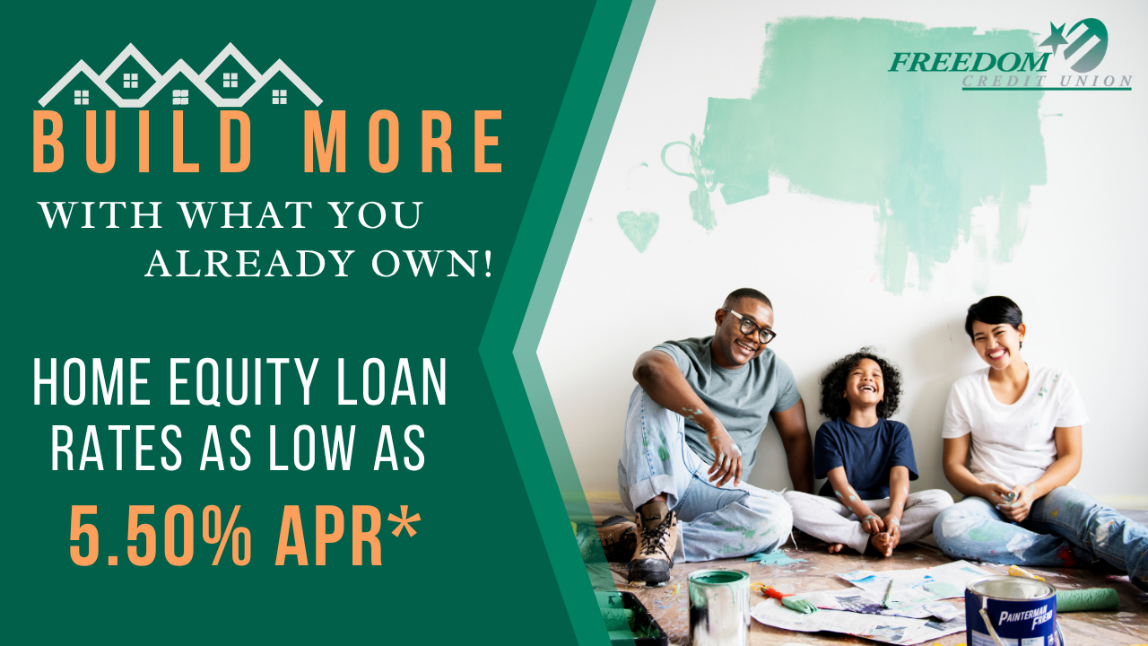Family of three taking a break after painting thier house. Words on the left side say "Build More with what you already own, home equity loan rates as low as 5.50%!"